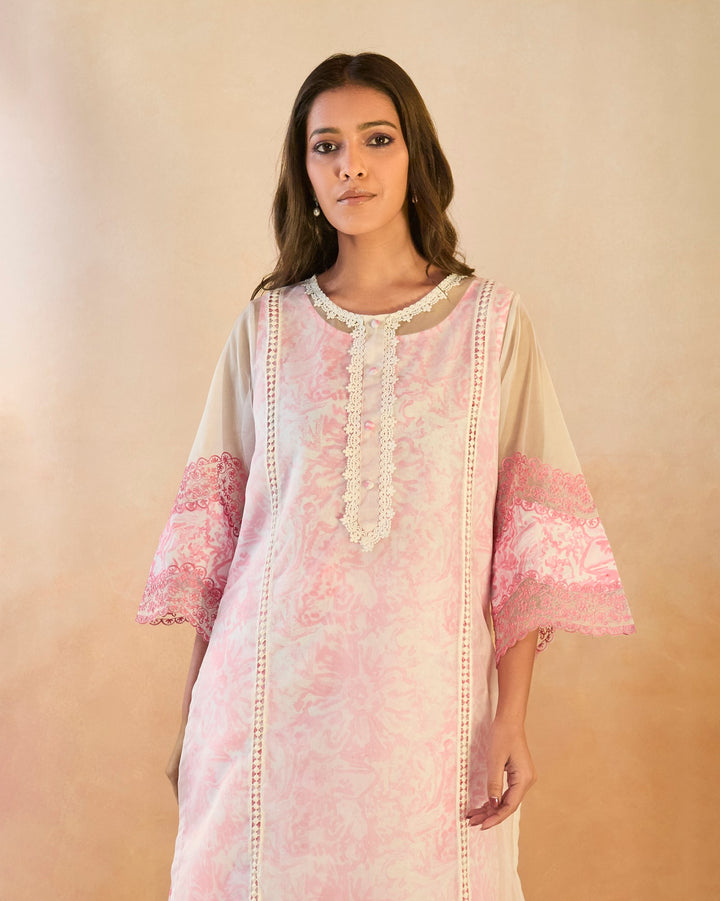 Blush Floral Embroidered Kurta with Narrow Pants - Set of 2