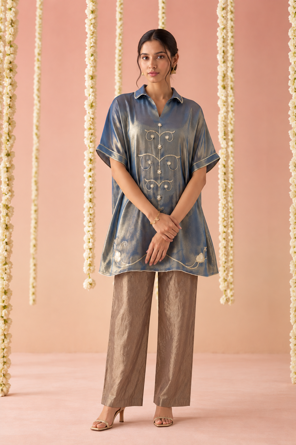 Regal Blue Dori Embroidered Tissue Co-ord Set - Set of 2