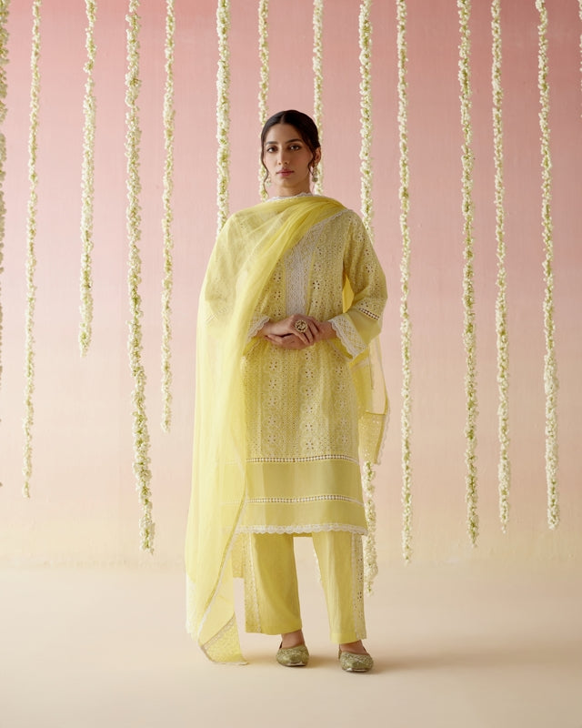 Yellow Pearl Kurta with Narrow Pants and Dupatta-  Set of 3