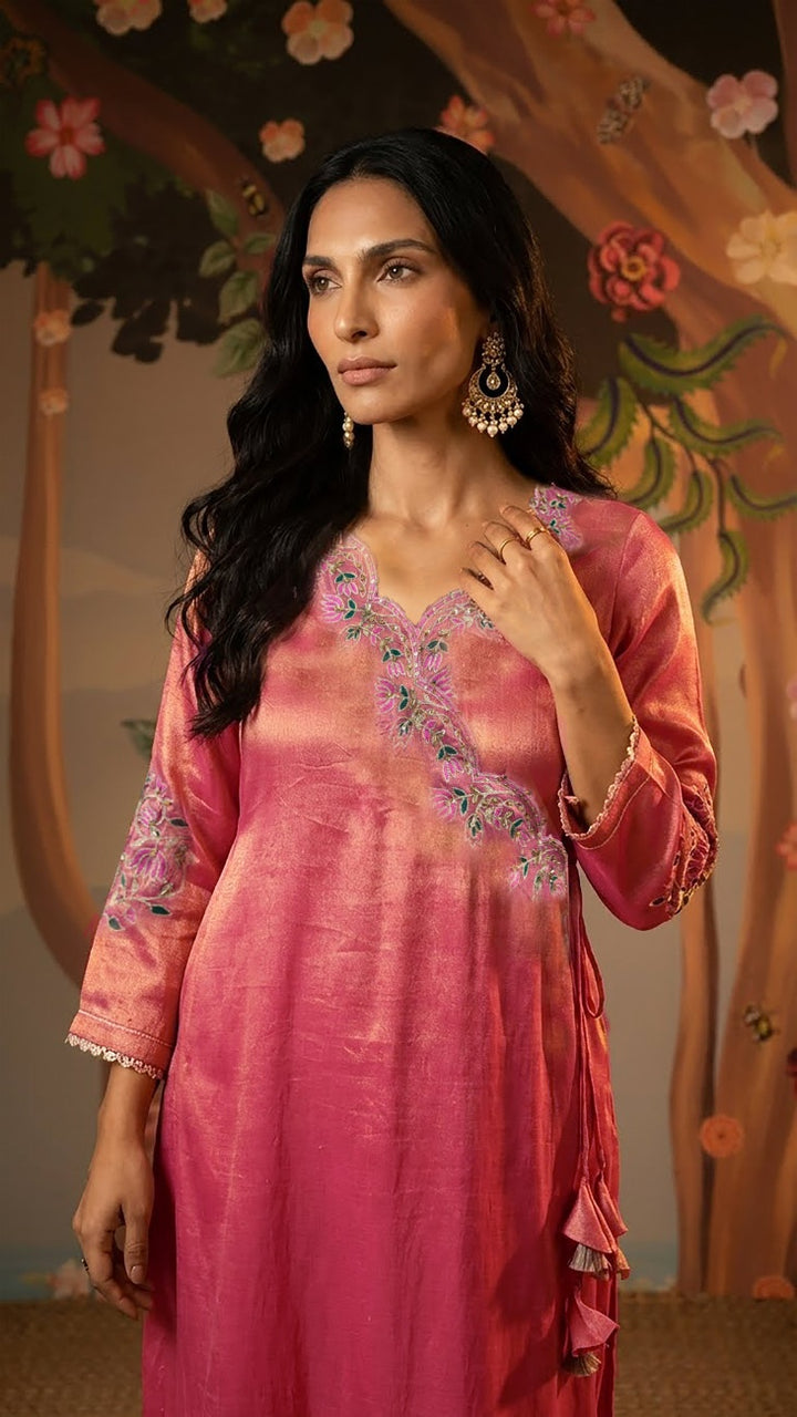 Fuchsia Lotus Scallop Tissue Angrakha with Narrow Pants and Dupatta - Set of 3