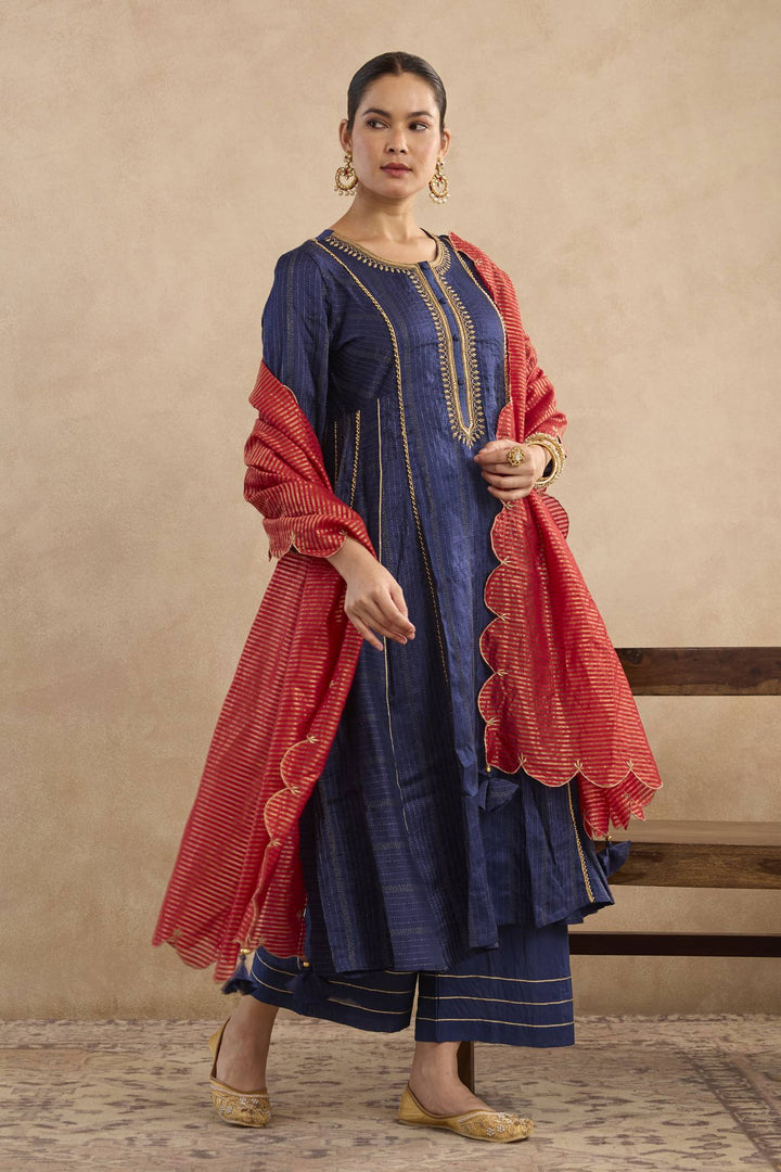 Navy Lotus Embroidered Anarakali with Flared Pants and Dupatta - Set of 3