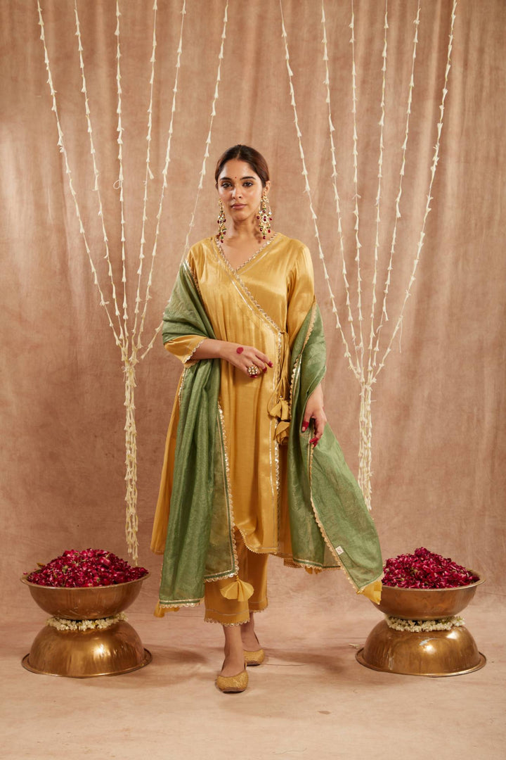 Golden Scallop Tissue Angrakha with  Narrow Pants and Dupatta - Set of 3