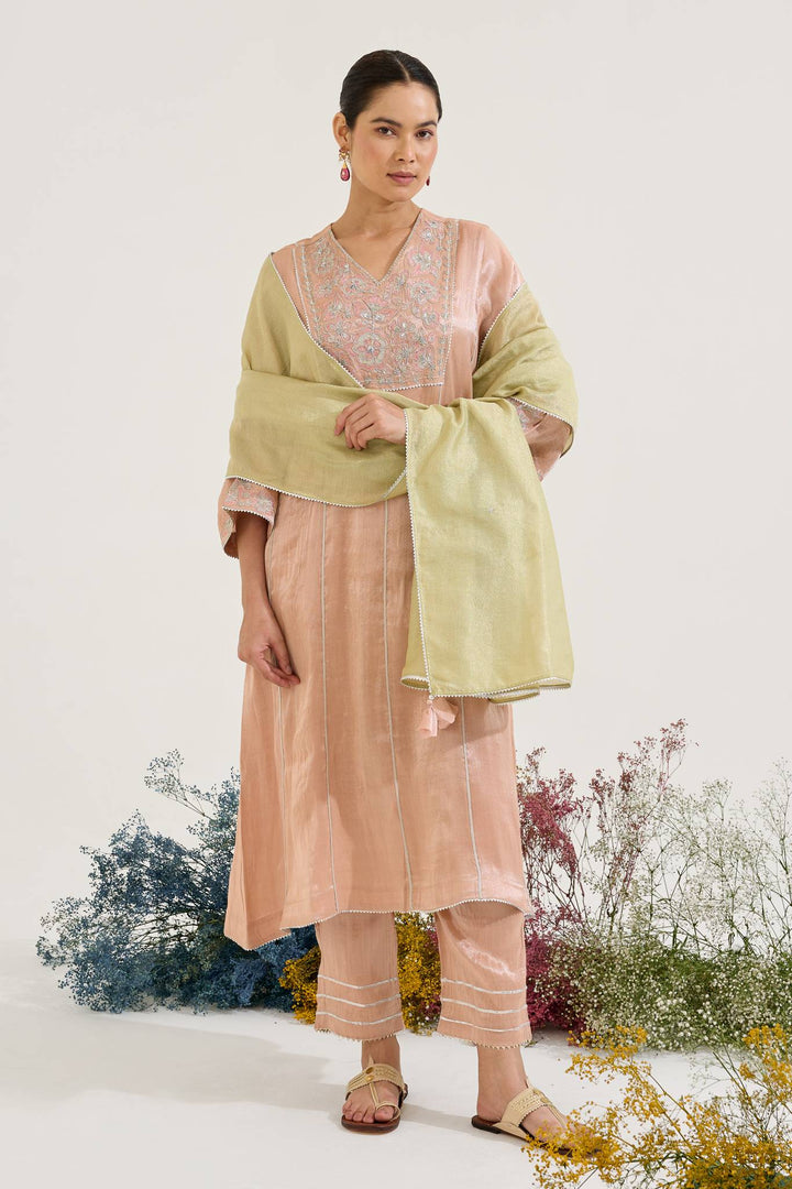 Pink Floral Zari Tissue Anarkali with Narrow Pants and Dupatta - Set of 3