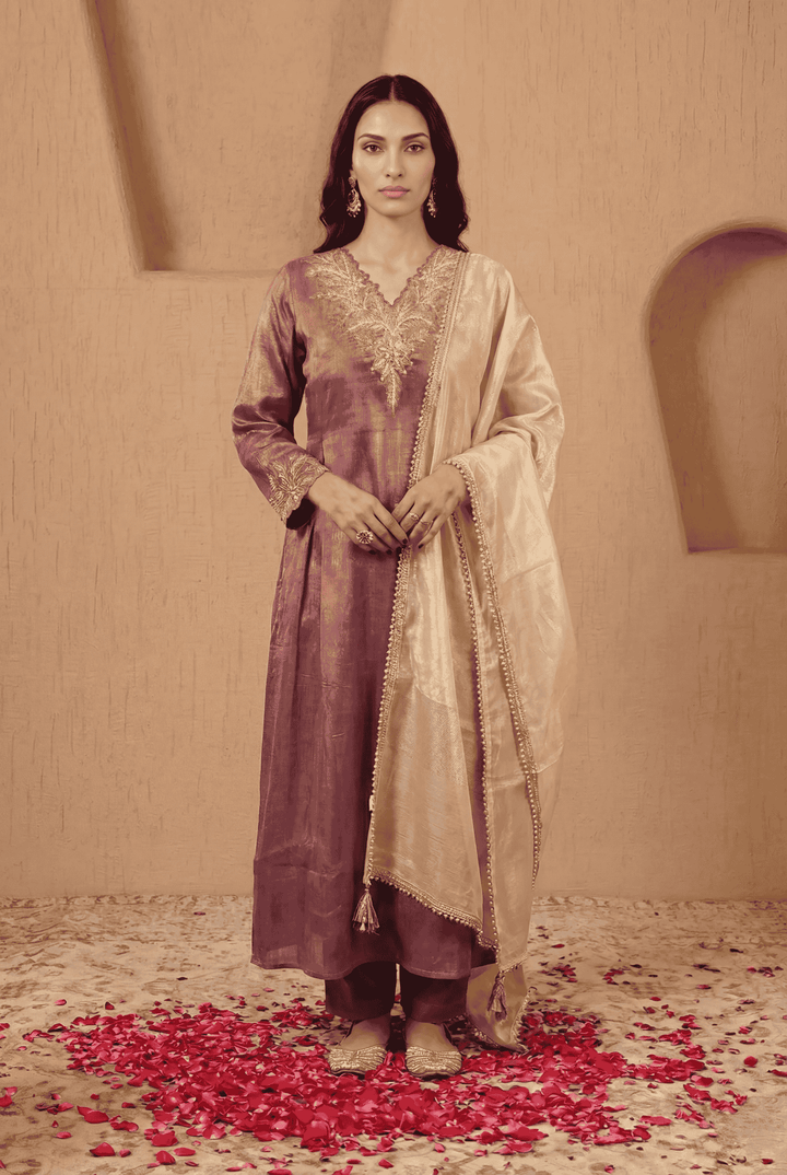 Purple Dori Zari Tissue Kurta with Narrow Pants and Dupatta - Set of 3
