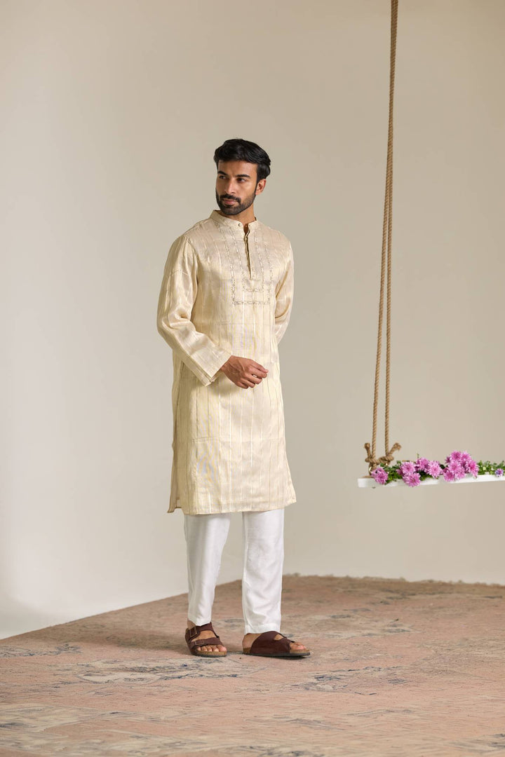 Gold Zari Yoke Stripe Embroidered Kurta