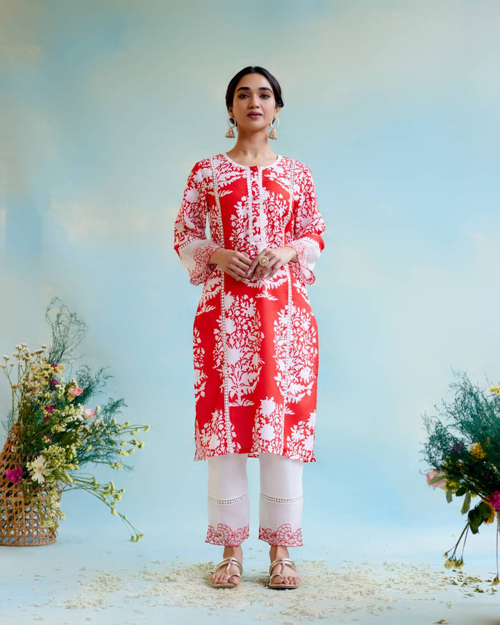 Hibiscus Floral Kurta with Narrow Pants Media 1 of 5