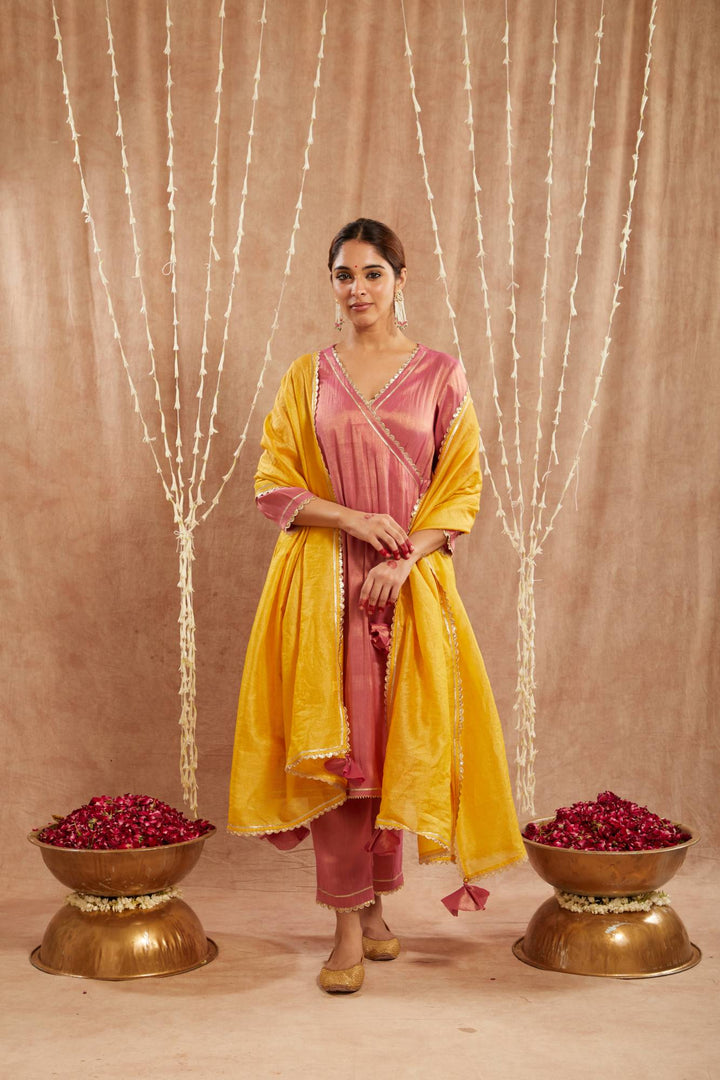 Pink Scallop Tissue Angrakha with  Narrow Pants and Dupatta - Set of 3