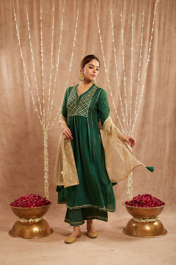 Emerald Green Gota Chanderi Kurta with  Wide Leg Pants and Dupatta - Set of 3