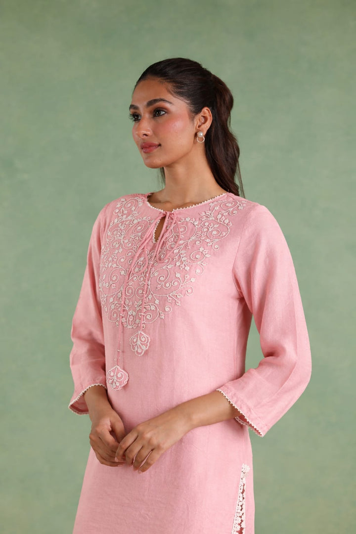 Pink Blossom Dori Chanderi Kurta with Straight Pants - Set of 2