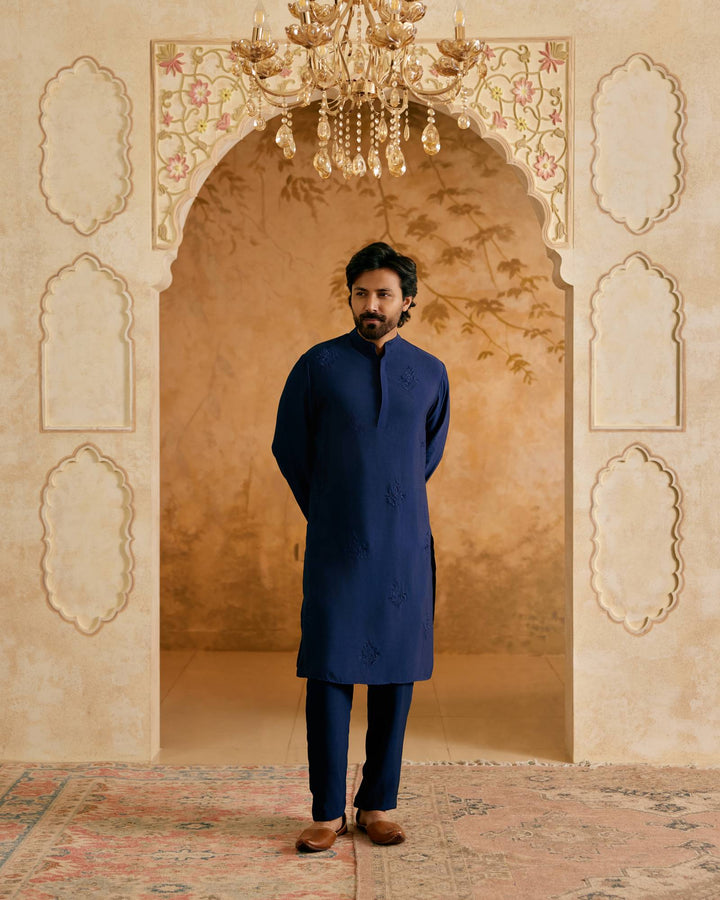 Royal Blue Embroidered Silk Kurta