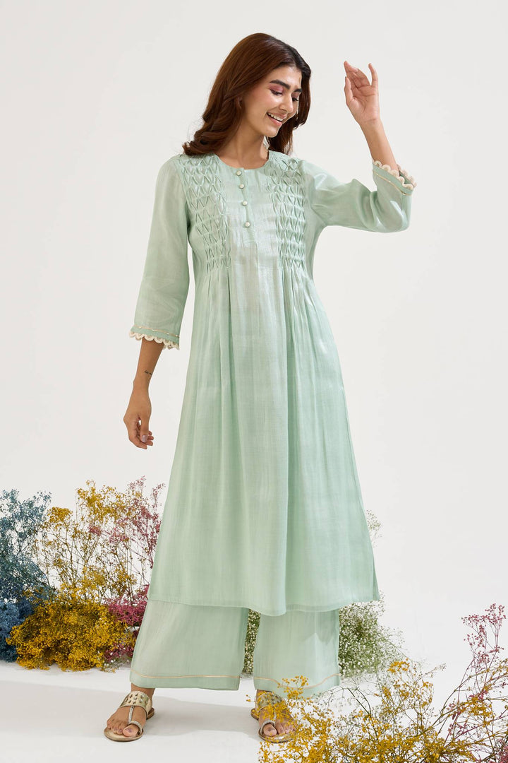 Mint Pearl Pintuck Tissue Kurta with Wide Leg Pants and Dupatta - Set of 3