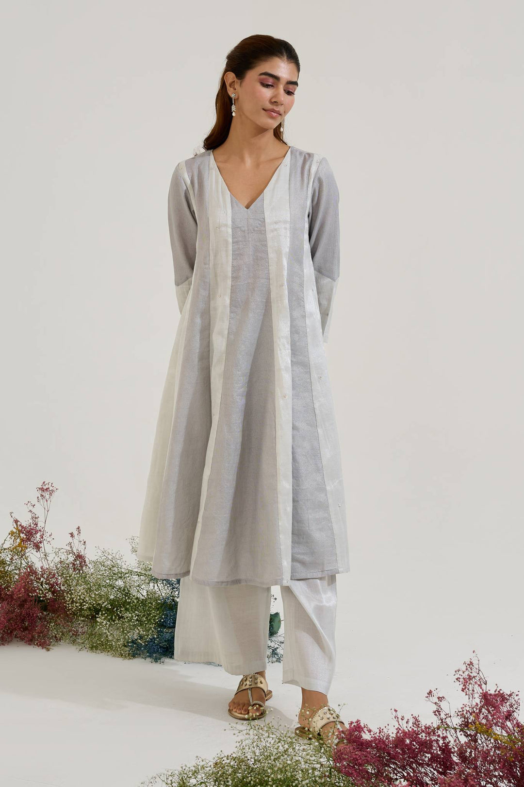 Silver Rose Panel Anarkali with Wide Leg Pants and Dupatta - Set of 3