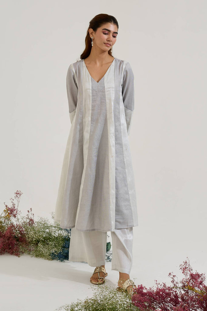 Silver Rose Panel Anarkali with Wide Leg Pants and Dupatta - Set of 3