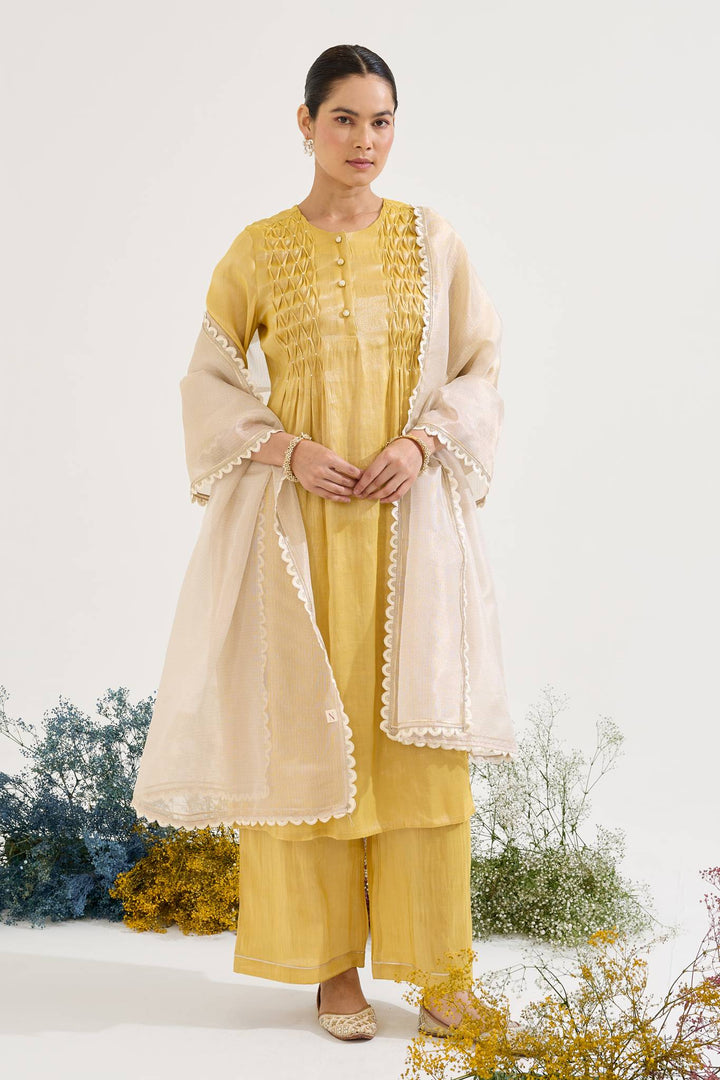 Golden Pearl Pintuck Tissue Kurta with Wide Leg Pants and Dupatta - Set of 3