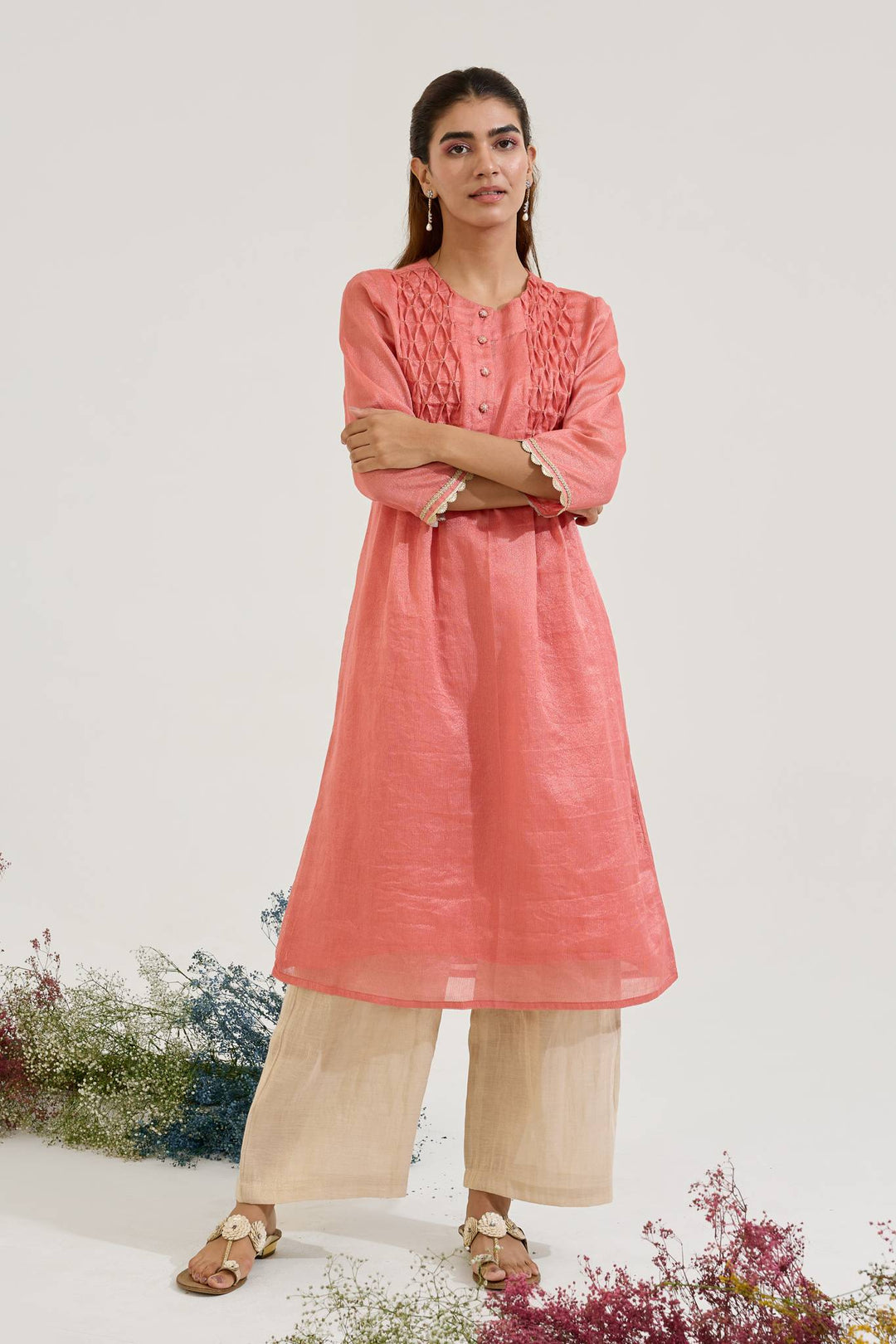 Red Gold Chanderi Stripe Kurta with Wide Leg Pants and Dupatta - Set of 3