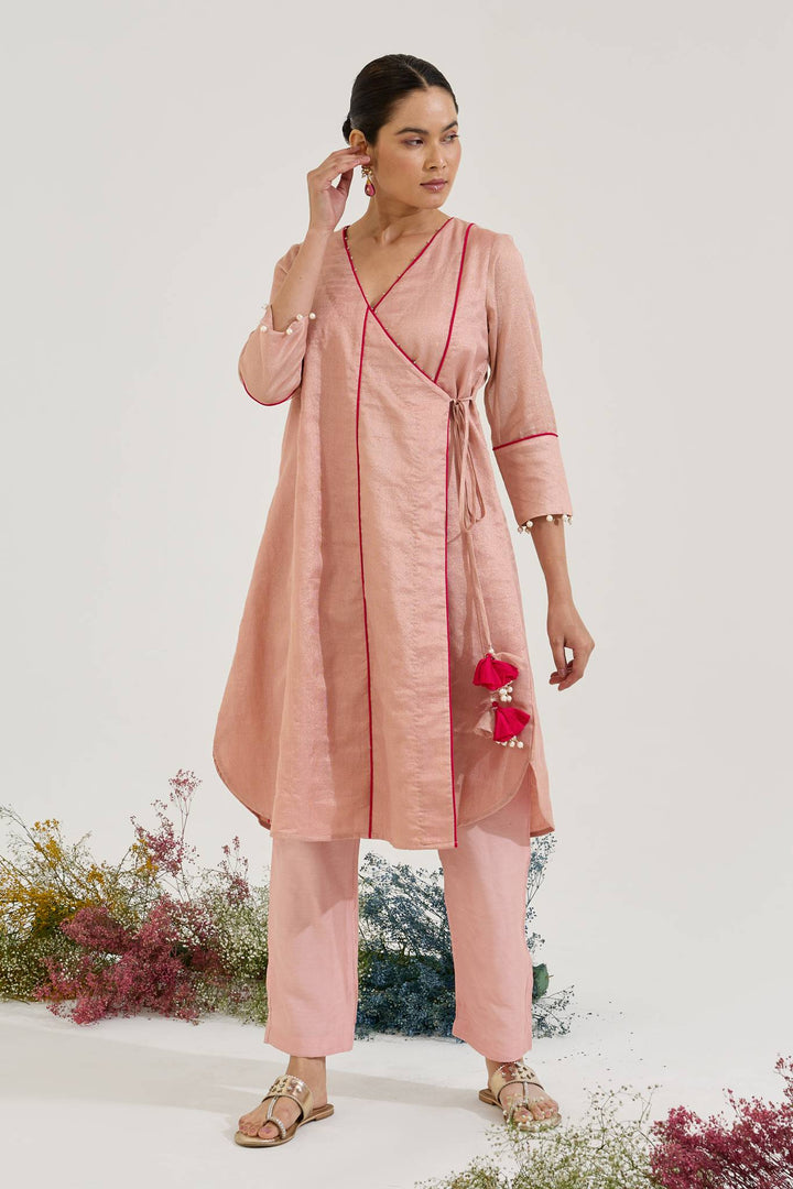 Pearl Pink Chanderi Stripe Angrakha with Narrow Pants and Dupatta - Set of 3