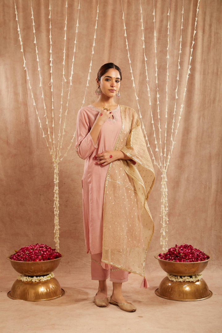 Peach Dori Chanderi Kurta with Narrow Pants and Dupatta- Set of 3