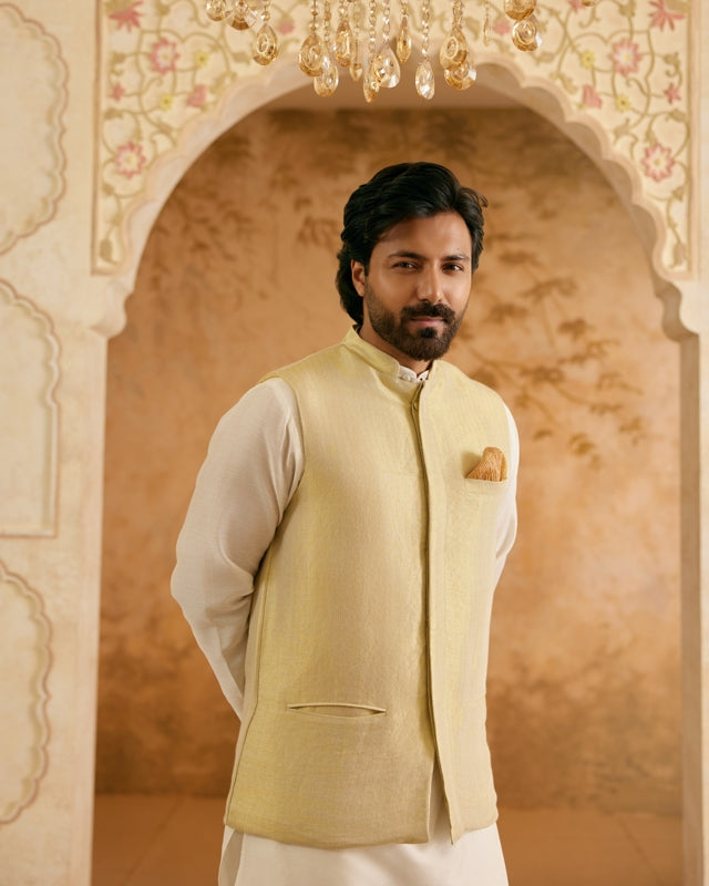 Gold Tissue Nehru Jacket with Kurta Set - Set of 3