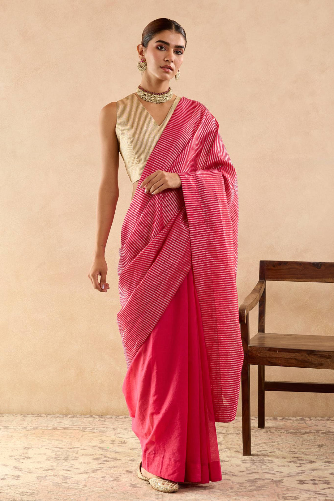 Fuchsia Pink Chanderi Saree with Stripe Pallu