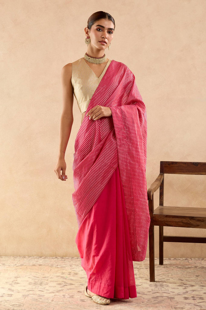 Fuchsia Pink Chanderi Saree with Stripe Pallu