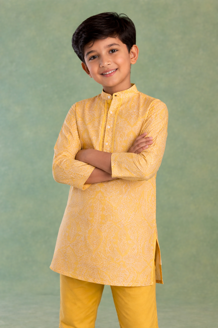 Boys Yellow Petal Yoke Kurta Set