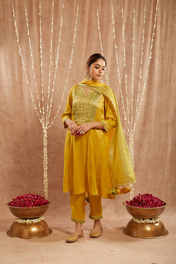 Sunshine Yoke Tissue Anarkali with  Narrow Pants and Dupatta - Set of 3