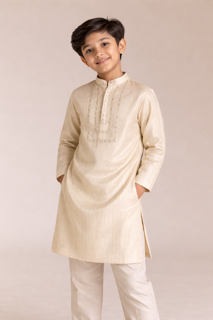Boys Gold Zari Yoke Stripe Embroidered Kurta Set