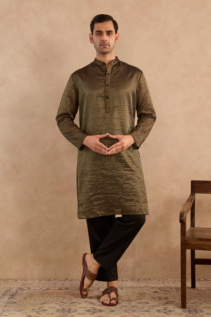 Black Lotus Chanderi Stripe Kurta with Narrow Pants - Set of 2