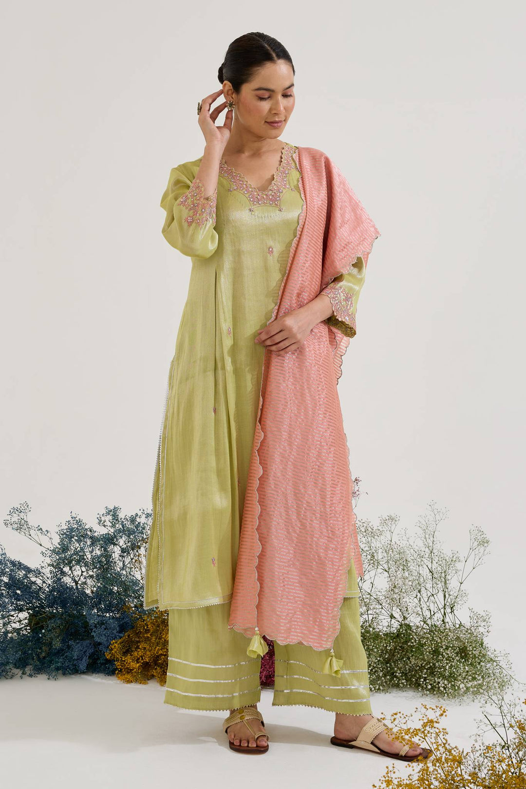 Lime Rose Dori Tissue Kurta with Wide Leg Pants and Dupatta - Set of 3