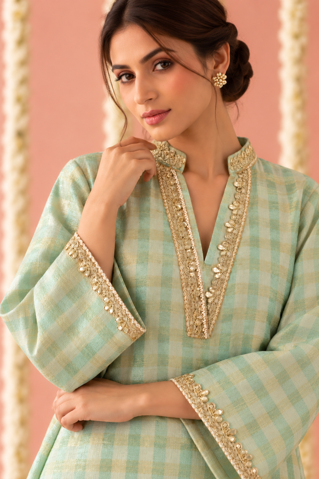 Mint Rose Charm Check Tissue Co-ord Set - Set of 2