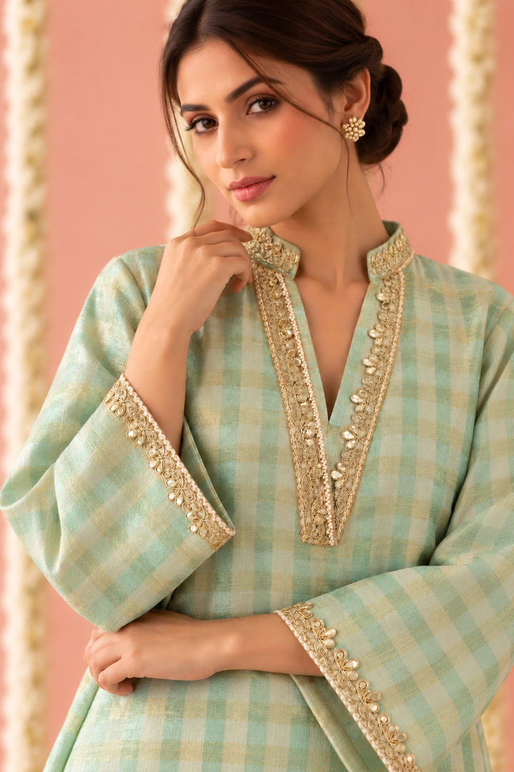 Mint Rose Charm Check Tissue Co-ord Set - Set of 2