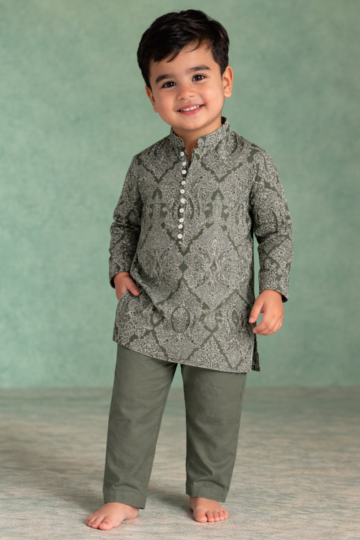 Boys Olive Jaal Loopi Kurta Set