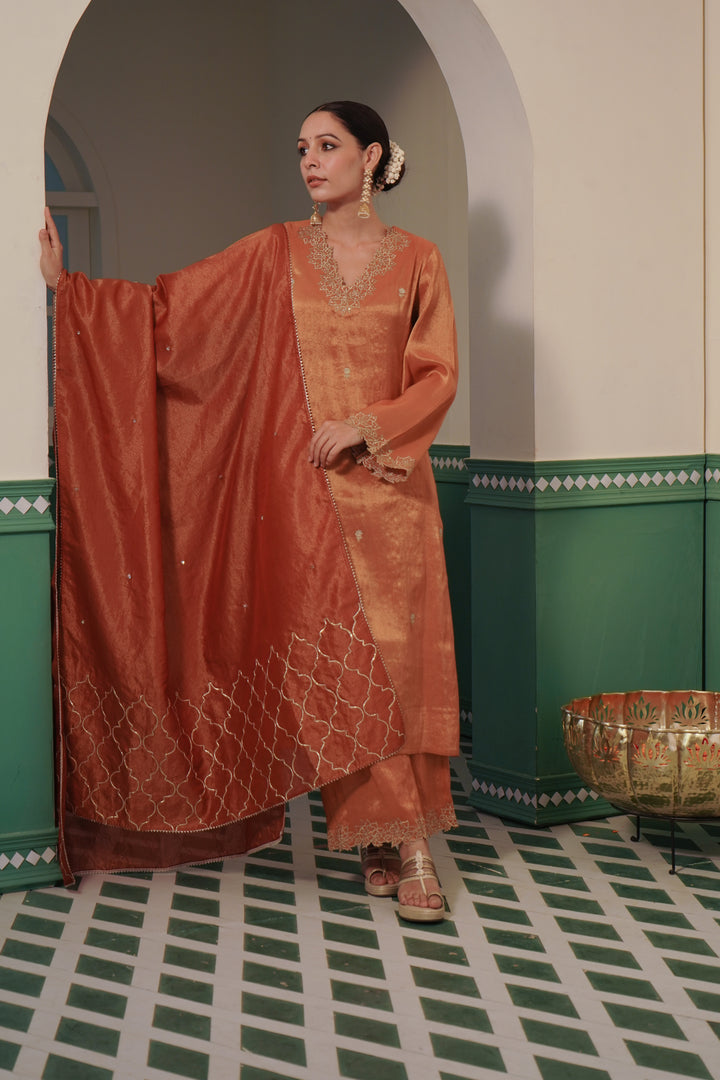 Amber Zari  Kurta Set with Wide Leg Pants & Dupatta - Set of 3