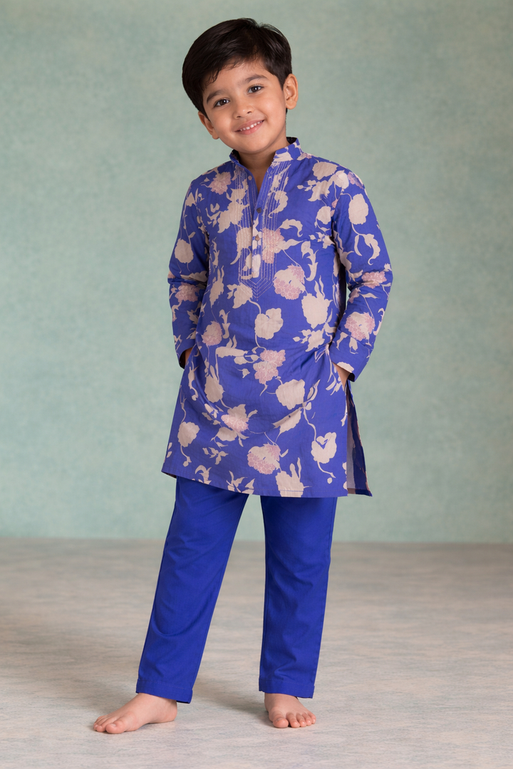 Boys Blue Bloom Floral Jaal Kurta Set