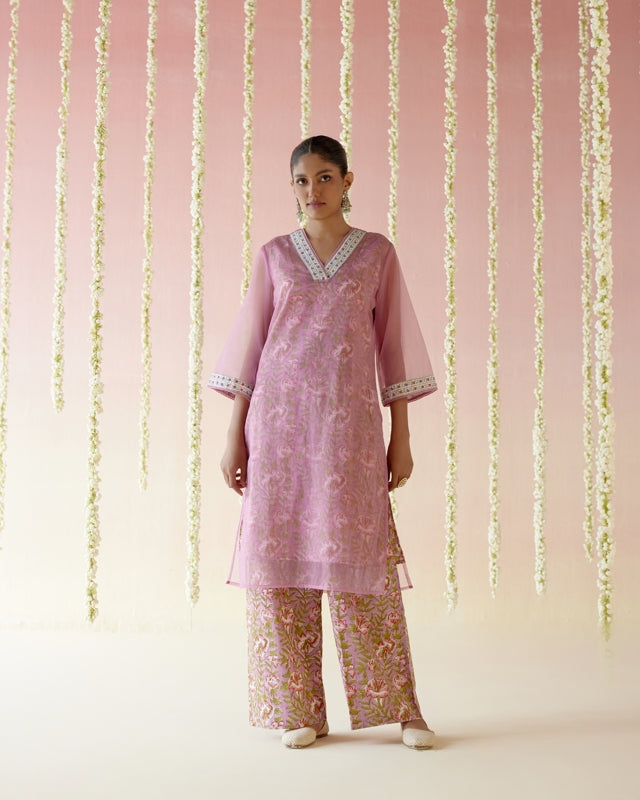 Mulberry Pink Long Kurta with Blockprinted Slip and Flared Pants- Set of 2