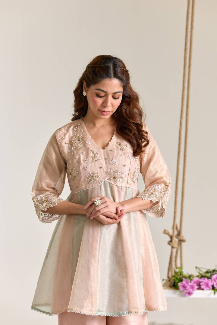 Rose Mint Dori Kota Tissue Anarkali Set with Pearl Dupatta - Set of 3