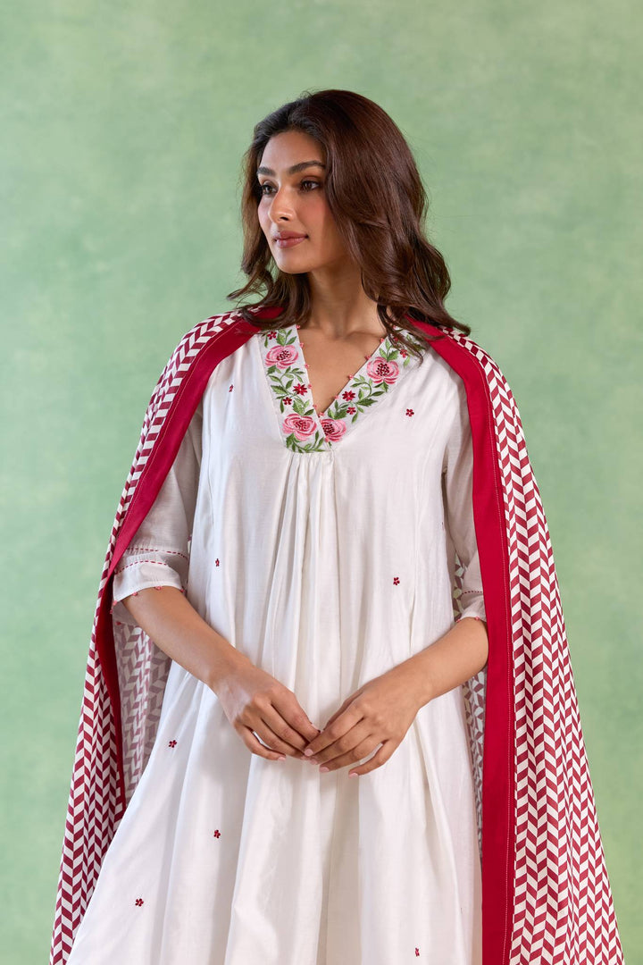 Red Petal Embroidered Kurta with Wide-Leg Pants and Dupatta - Set of 3