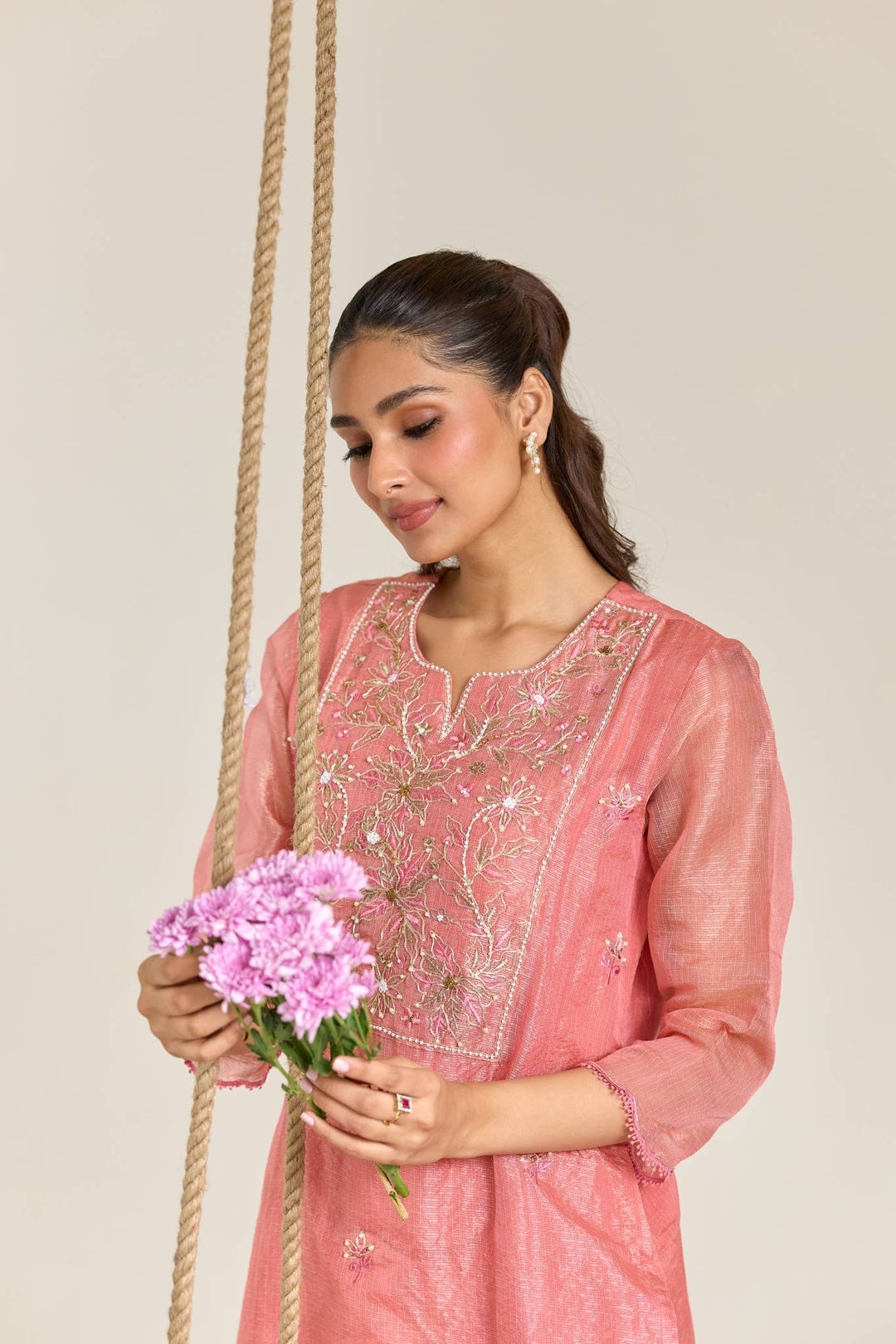 Blossom Pink Dori Embroidered Kota Kurta Tissue Set - Set of 2