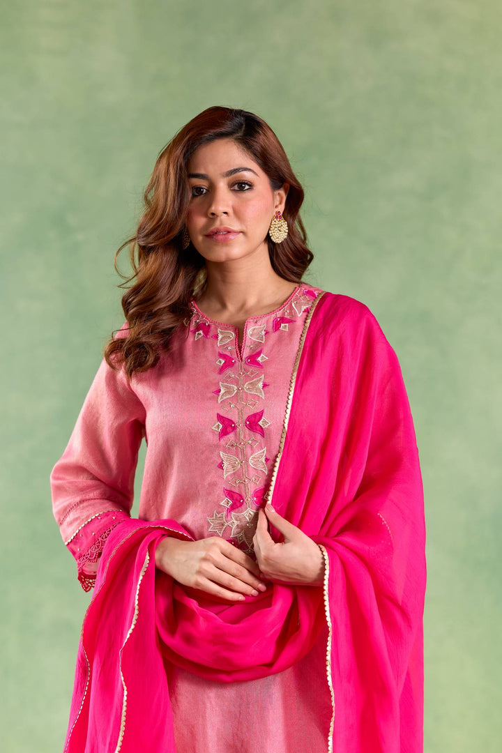 Fuchsia Pink Applique Kurta with Narrow Pants and Dupatta - Set of 3
