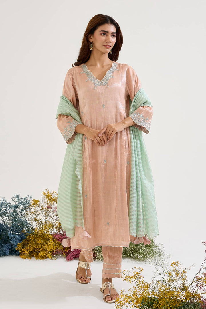 Rose Mint Dori Tissue Kurta with Wide Leg Pants and Dupatta - Set of 3
