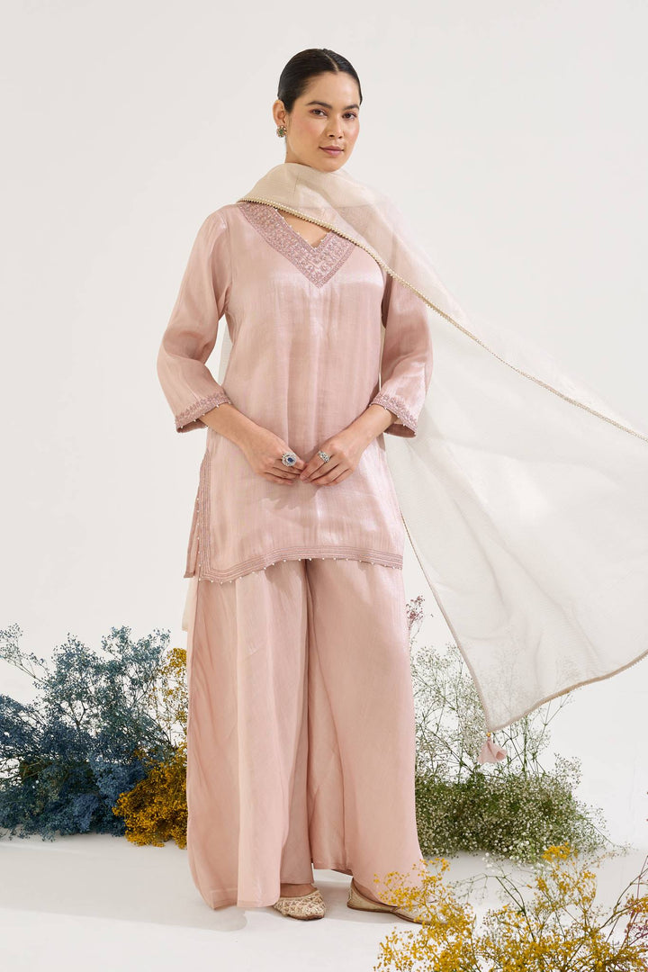 Old Pink Charm Tissue Kurta with Sharara - Set of 2