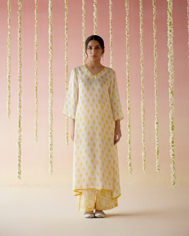 Freesia Yellow A-Line Long Kurta with Wide Leg Pants- Set of 2