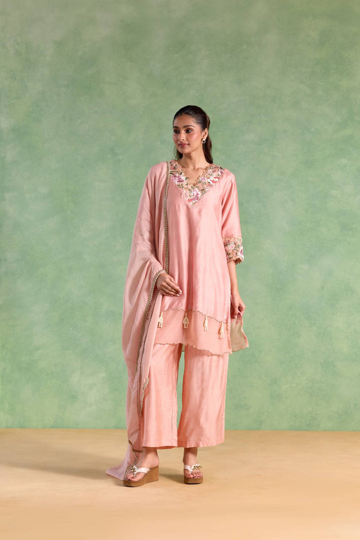 Soft Rose Embroidered Chanderi Kurta with Flared Pants and Dupatta - Set of 3
