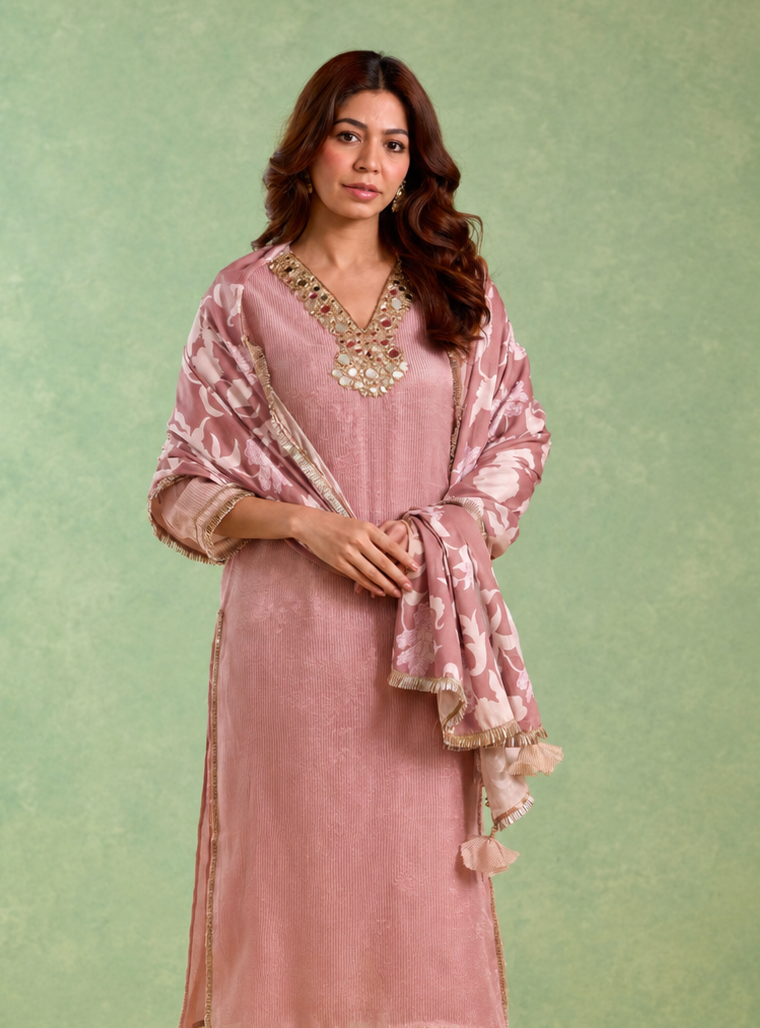 Rose Mirror Embroidered Chanderi Stripe Kurta Set with Floral Chintz Dupatta - Set of 3