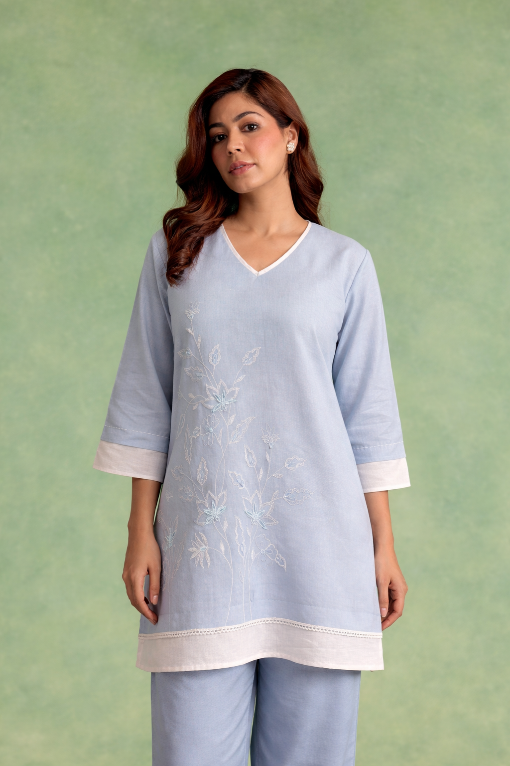 Old Blue Embroidered Handloom Linen Top