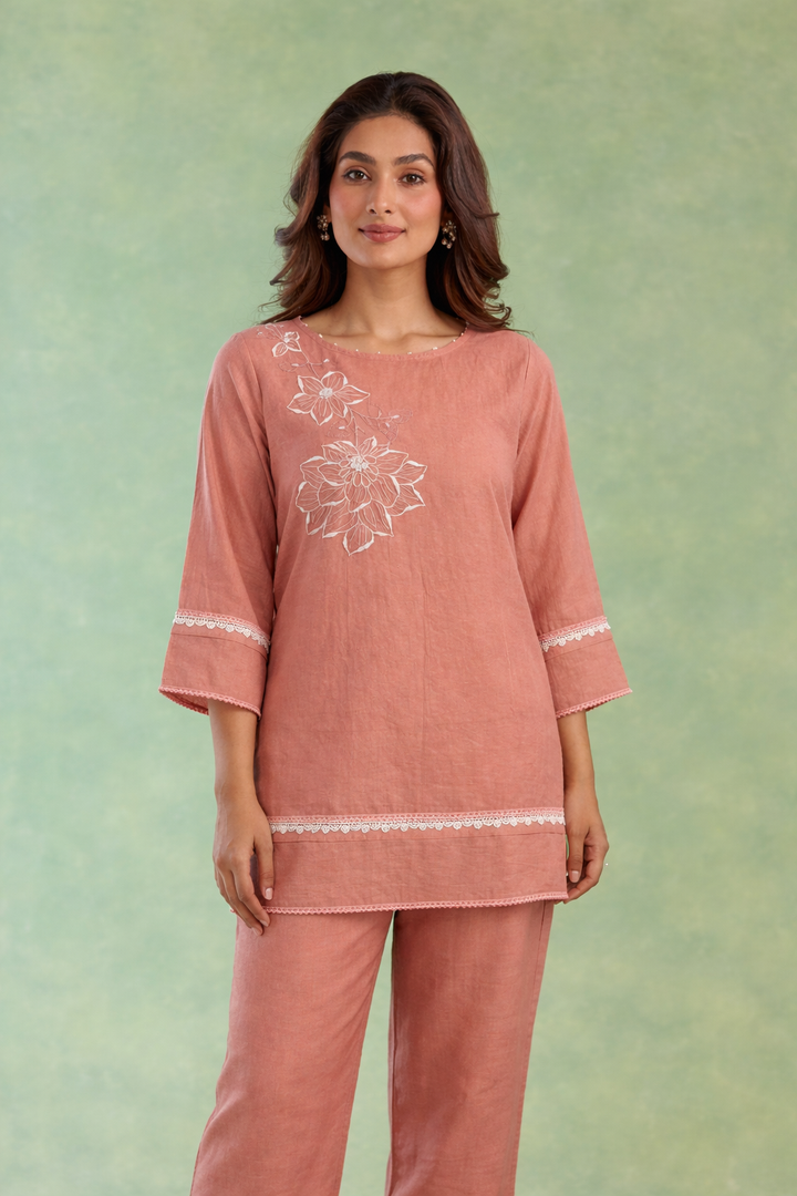 Dusty Pink Embroidered Mul Chanderi Co-ord Set