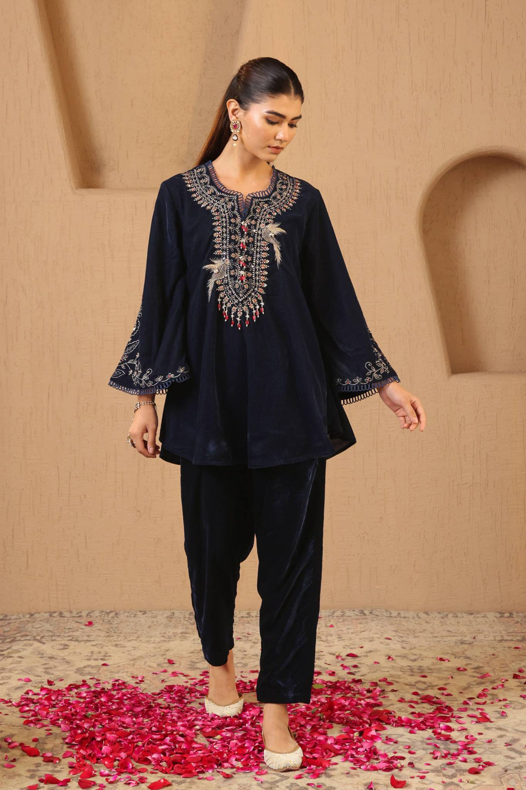 Navy Zari Charm Velvet Tunic with Narrow Pants