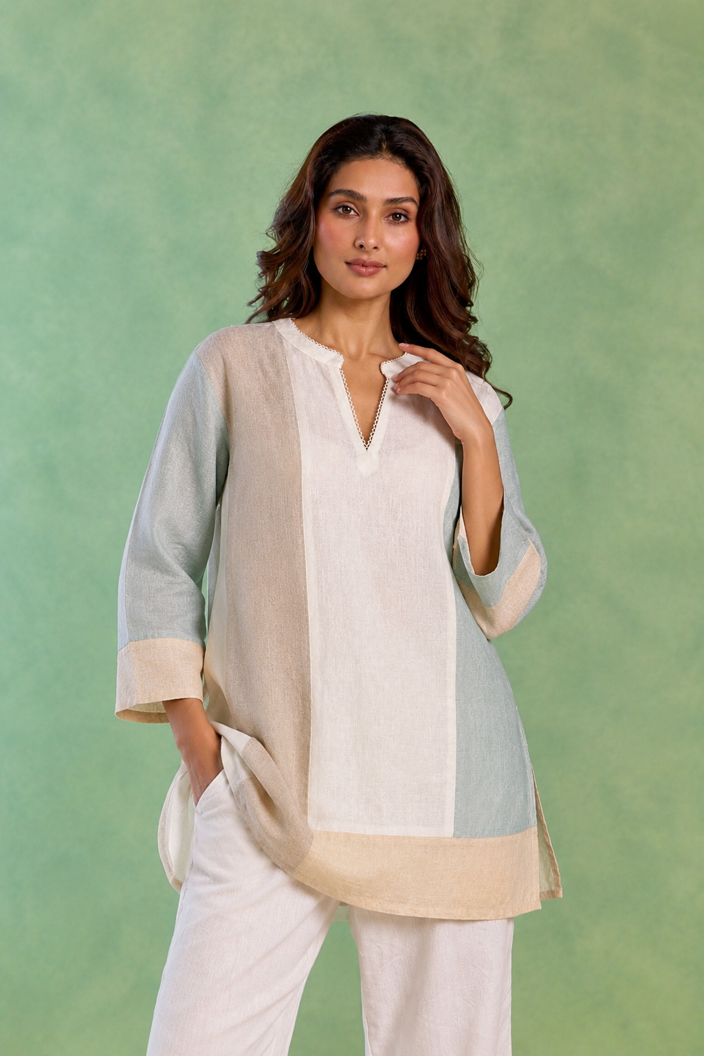 White Colourblock Handloom Cotton Top
