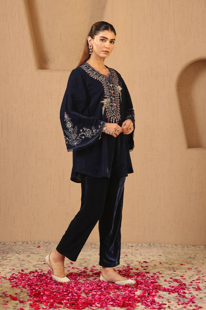 Navy Zari Charm Velvet Tunic with Narrow Pants - Set of 2