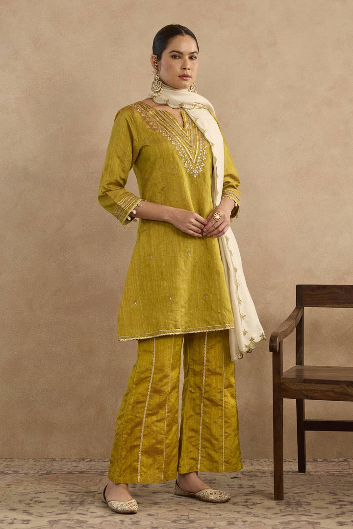 Warm Green Embroidered Kurta with Flared Pants and Scallop Dupatta - Set of 3